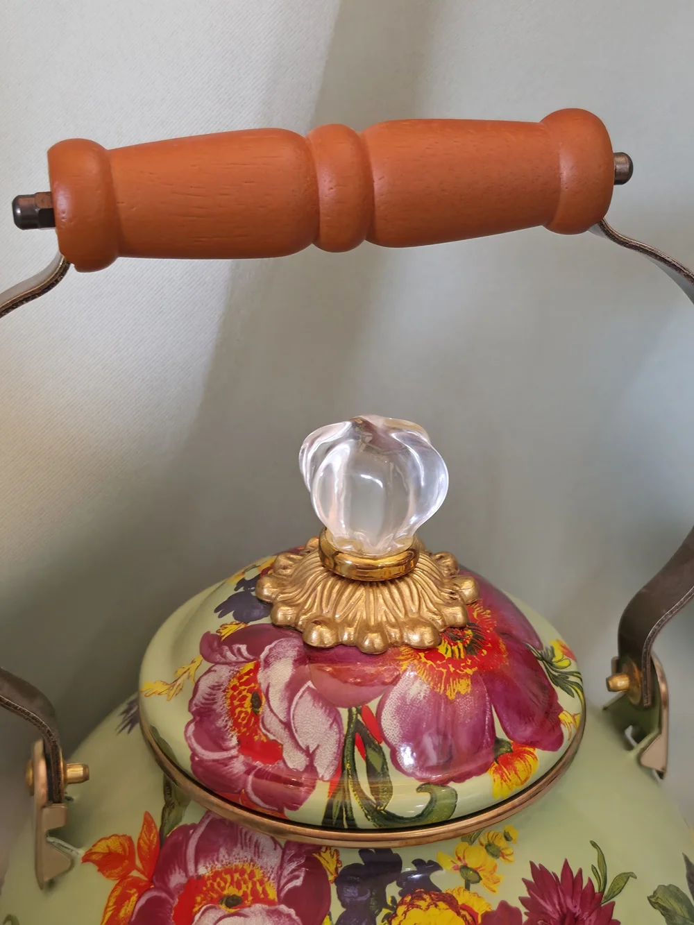 MacKenzie-Childs Sage Green Floral Enamel Tea Kettle with Pink and Yellow Blooms